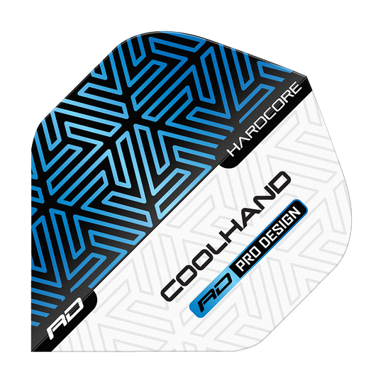 Red Dragon Hardcore Luke Humphries Blue White Premium Standard Flights Das Bild zeigt ein Dartflight in Blau, Schwarz und Weiß mit geometrischem Muster. Auf dem Flight stehen die Wörter „HARDCORE“, „COOLHAND“ und „RD PRO DESIGN“.