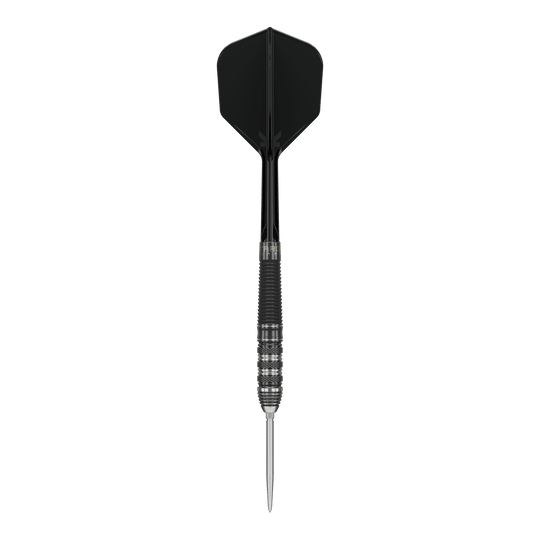 Target Japan Black Marque Armageddon GEN2 Swiss Point Steeldarts Das Bild zeigt einen Target Japan Black Marque Armageddon GEN2 Swiss Point Steeldart. Der Dartpfeil ist schwarz und silber mit einer scharfen Stahlspitze und einem schwarzen Flight.