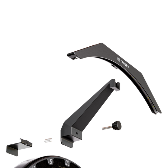 Target ARC V2 Dartboard Lighting Das Bild zeigt die einzelnen Teile des Produkts „Target ARC V2 Dartboard Beleuchtung“. Die Bauteile sind übersichtlich dargestellt und werden später zu einer Beleuchtung für ein Dartboard zusammengesetzt.