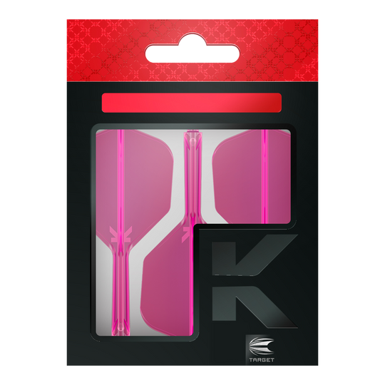 Target K-Flex No6 Flight System - Neon Pink Auf dem Bild ist eine Verpackung mit drei pinken Dartflights zu sehen. Die Verpackung ist schwarz mit einem roten oberen Rand und dem Markenlogo "Target" unten rechts.