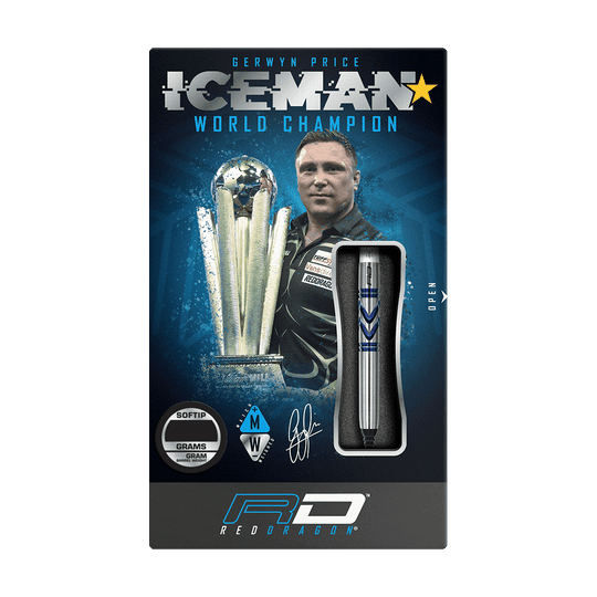 RD2542_Red_Dragon_Gerwyn_Price_Avalanche_Pro_Softdarts_3 Auf dem Bild ist die Verpackung der "Red Dragon Gerwyn Price Avalanche Pro Softdarts - 20g" zu sehen. Auf der Verpackung sind außerdem ein Porträt von Gerwyn Price und eine große Trophäe abgebildet.