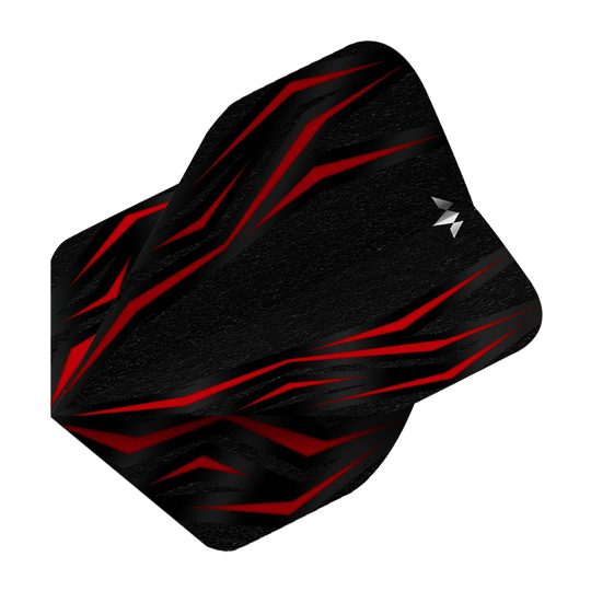 Auf dem Bild ist das Produkt Mission Lava Red No6 Flights zu sehen. Es handelt sich um rote Flights für Darts.