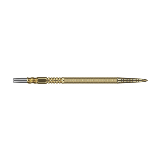 Target Swiss Point DX dart tips - gold Das Bild zeigt eine goldene Dartspitze mit feinen Rillen und detailliertem Muster. Sie hat am Ende eine silberne Metallspitze.