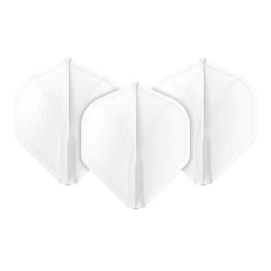 Das Bild zeigt drei weiße Dart-Flights in einer Reihe. Sie haben eine geformte, stabile Struktur und sind identisch.