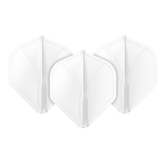 Shot Airfoil Molded No2 Standard Flights Das Bild zeigt drei weiße Dart-Flights in einer Reihe. Sie haben eine geformte, stabile Struktur und sind identisch.