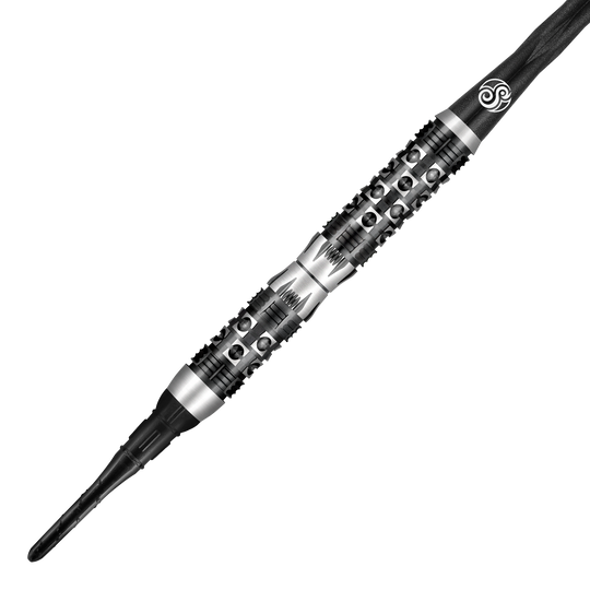 Shot Viking Wolf soft darts - 20g Auf dem Bild ist der "Shot Viking Wolf Softdart - 20g" zu sehen. Der Dartpfeil hat ein markantes, silber-schwarzes Design mit auffälligen Griffmulden und einer robusten Spitze.