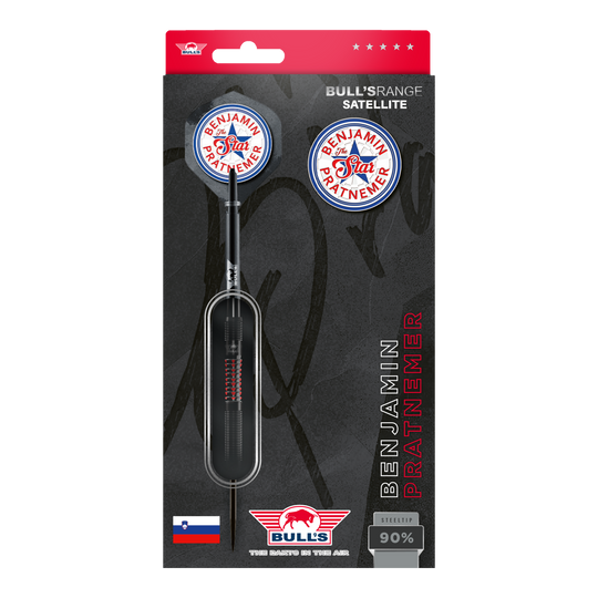 Das Bild zeigt die Verpackung der "Bulls NL Benjamin Pratnemer Steeldarts - 20g". Auf der Verpackung sind ein Dartpfeil, Ersatzflights und der Name Benjamin Pratnemer abgebildet.