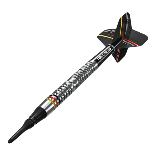 Das Bild zeigt die Precise 180 Ricardo Pietreczko GEN1 Softdarts. Diese Darts sind speziell für Softdart-Liebhaber entwickelt.