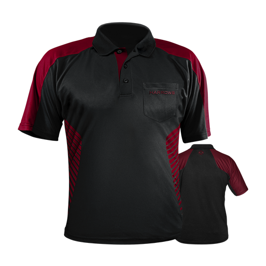 HRS-17737_Harrows_Vivid_Dartshirt_Black_DeepRed_0mR6hYbf98I71U Das Bild zeigt ein Harrows Vivid Dartshirt in Schwarz und Dunkelrot. Das Shirt hat kurze Ärmel, einen Kragen und das Harrows-Logo auf der Brusttasche.