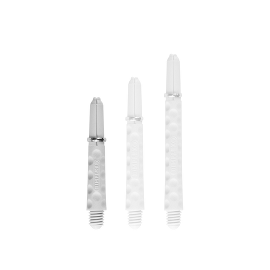 Harrows Dimplex Shafts - White Das Bild zeigt drei weiße Dartschäfte in unterschiedlichen Längen. Sie haben eine strukturierte Oberfläche und einen Schraubgewinde am unteren Ende.