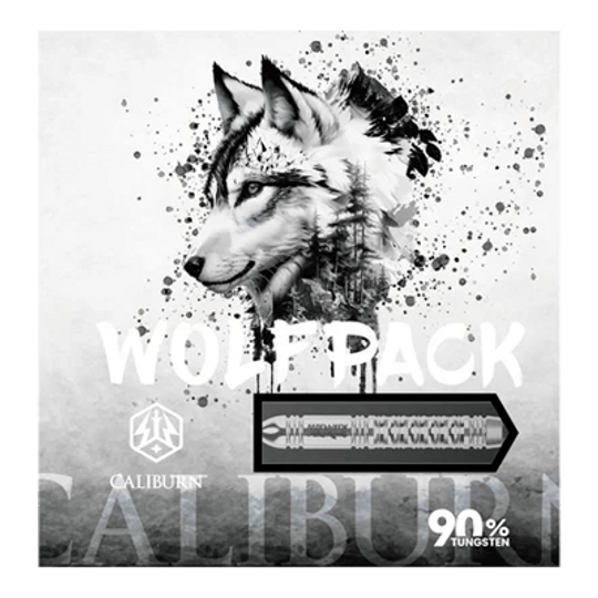Caliburn Wolfpack W1 steel darts - 23g Das Bild zeigt die Verpackung der "Caliburn Wolfpack W1 Steeldarts - 23,5g". Auf der Vorderseite ist ein Wolfskopf zusammen mit einem abgebildeten Dartpfeil und dem Hinweis "90% Tungsten" zu sehen.