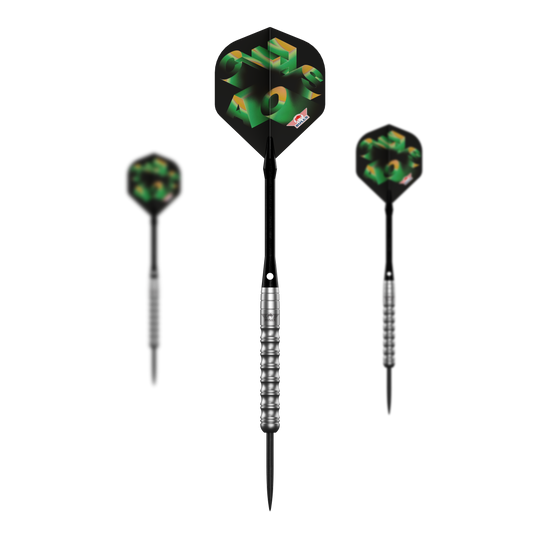 Bulls NL Chaos Green Steel Darts - 24g Abgebildet ist das komplette Set der Bulls NL Chaos Green Steeldarts - 24g. Das Set enthält mehrere grüne Steeldarts.
