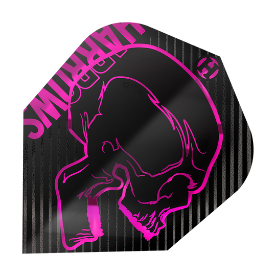 Harrows Rage Pink No6 Flights Das Bild zeigt das Produkt "Harrows Rage Pink No6 Flights". Es ist ein schwarzes Dartflight mit einem pinken Totenkopf und pinken Streifen.