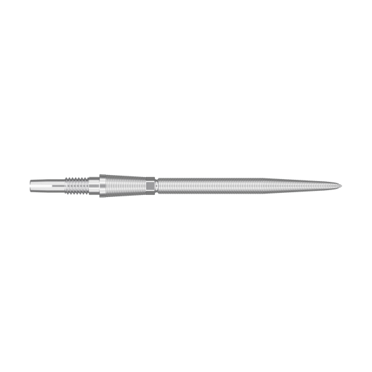Target Swiss Storm Nano Point Dartspitzen - Silber Das Bild zeigt eine silberne Dartspitze mit feinen Rillen. Sie ist lang und schmal gestaltet.