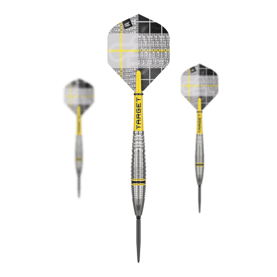 Target Scott Williams GEN2 Swiss Point steel darts Das Bild zeigt drei Target Scott Williams GEN2 Swiss Point Steeldarts mit silbernen Spitzen und gelben Akzenten. Die Flights haben ein auffälliges, gemustertes Design in Schwarz, Weiß und Gelb.