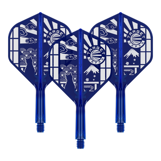 Das Bild zeigt '410291 Target Japan K-Flex Blue Limited No2 Flights 19mm 1Set'. Es handelt sich um ein Set limitierter Flights für Darts in Blau.