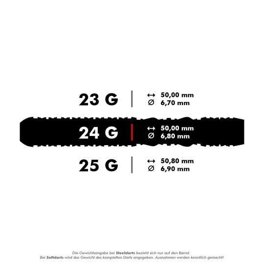 Das Bild zeigt drei verschiedene Varianten von Steeldarts mit den Gewichten 23 g, 24 g und 25 g sowie deren jeweilige Maße. Die genauen Längen und Durchmesser der Darts sind für jede Gewichtsklasse angegeben.