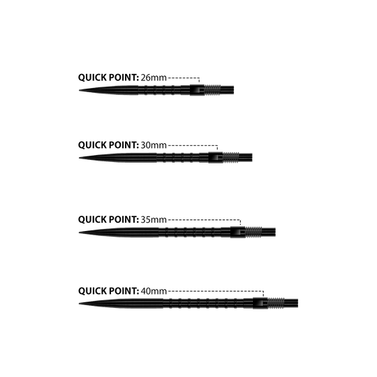 Harrows Quick Point Heavy Metal Dart Tips - Black Das Bild zeigt Harrows Quick Point Heavy Metal Dartspitzen in Schwarz. Sie sind robust und für präzise Würfe geeignet.
