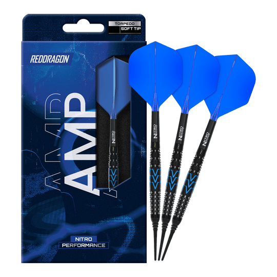 Gezeigt wird ein vollständiger Satz Red Dragon Amp Torpedo Softdarts mit 22g. Das Set eignet sich für das Softdartspiel.