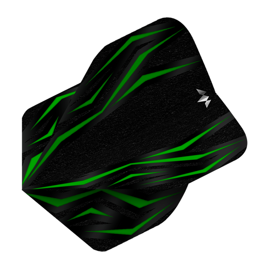 Das Bild zeigt das Produkt „Mission Lava Green No2 Standard Flights“. Es ist ein schwarzes Dart-Flight mit grünen, lavamusterartigen Linien.