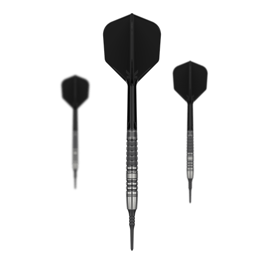 Das Bild zeigt drei schwarze Softdarts des Modells "Target Japan Black Marque Lumiere GEN3" mit einem Gewicht von 18,5g. Die Dartpfeile haben silber-schwarze Griffrillen und schwarze Flights.