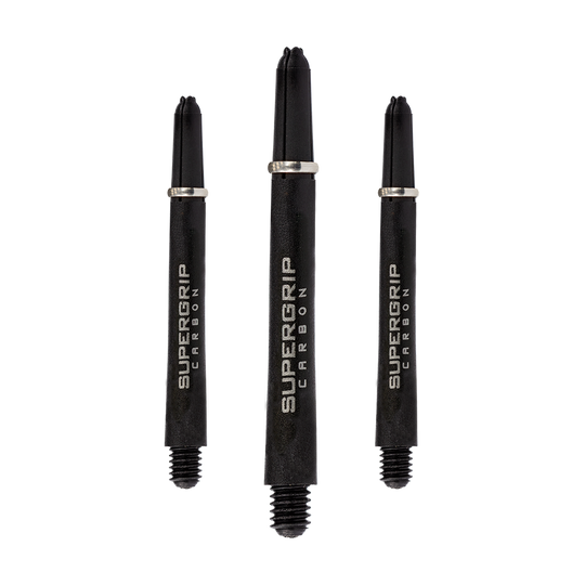 HR356_Harrows_Supergrip_Carbon_Shafts_Silber_47mm_1sWm7fThXzqHSG Das Bild zeigt drei Harrows Supergrip Carbon Shafts in Silber. Sie sind schwarze Dartschäfte mit der Aufschrift "Supergrip Carbon" und einem silbernen Ring.