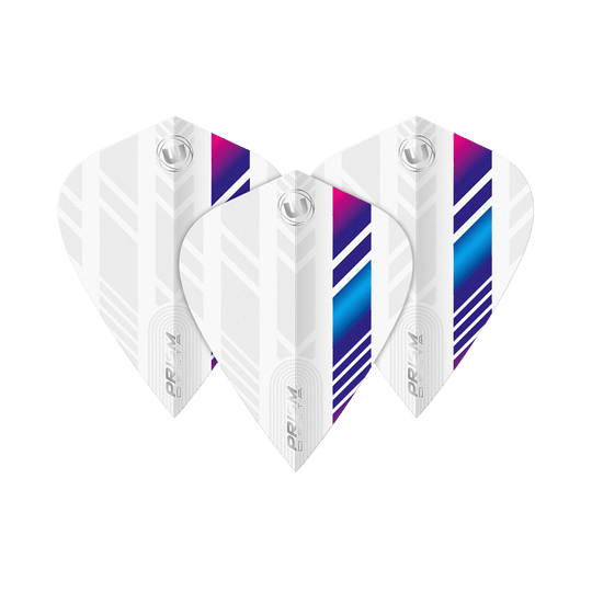 Winmau Delta White Blue Purple Kite Flights Das Bild zeigt drei Winmau Delta White Blue Purple Kite Flights. Die Flights sind überwiegend weiß mit blauen, lila und pinken Streifen.