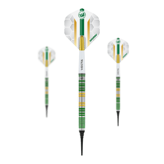 Winmau Xenon Softdarts - 20g Das Bild zeigt drei Winmau Xenon Softdarts mit einem Gewicht von 20 Gramm. Die Darts haben ein auffälliges grünes, gelbes und silbernes Design mit weißen Flights.