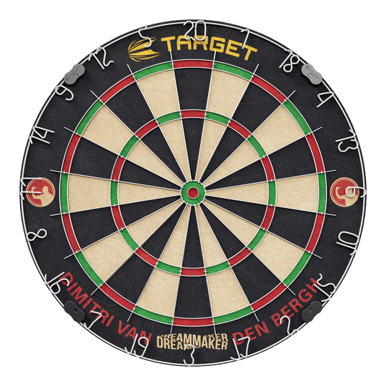 Das Bild zeigt eine Steeldartscheibe mit dem Namen "Target Dimitri Van Den Bergh Steeldartboard Set". Am unteren Rand steht der Schriftzug "Dimitri Van Den Bergh" und in der Mitte unten "Dreammaker".