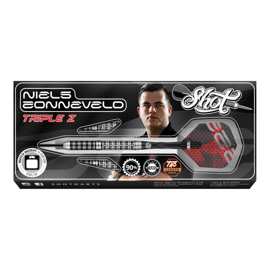 Auf dem Bild ist die Verpackung der "Shot Niels Zonneveld V2 Steeldarts" zu sehen. Die Verpackung zeigt einen Dartpfeil, das Logo und ein Porträt von Niels Zonneveld.