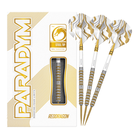 Abgebildet sind die Red Dragon Paradym Gold Parallel Steeldarts in voller Länge. Diese Steeldarts zeichnen sich durch ein geradliniges und glänzendes Design aus.