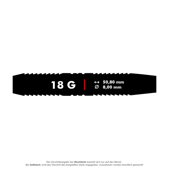 Das Bild zeigt den Winmau Outrage V1 Black Coated Brass Softdart mit einem Gewicht von 18 Gramm. Die Maße des Barrels sind 50,80 mm Länge und 8,00 mm Durchmesser.