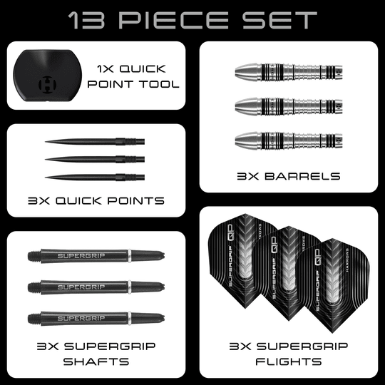 Harrows Supergrip Bomb Quick Point Steel Darts Hier sind die Harrows Supergrip Bomb Quick Point Steeldarts zu sehen. Die Darts eignen sich hervorragend für präzises Spiel.