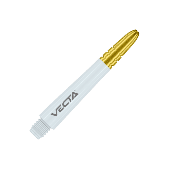 Dies ist ein weißer Dartshaft mit goldenem oberen Ende. Auf dem Schaft steht das Wort "VECTA".
