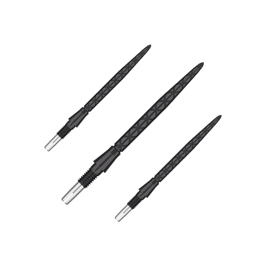 Target Swiss Storm Diamond Point Dart Tips - Black Das Bild zeigt drei schwarze Dartspitzen mit diamantförmigem Muster. Sie sind in einer Reihe nebeneinander angeordnet.