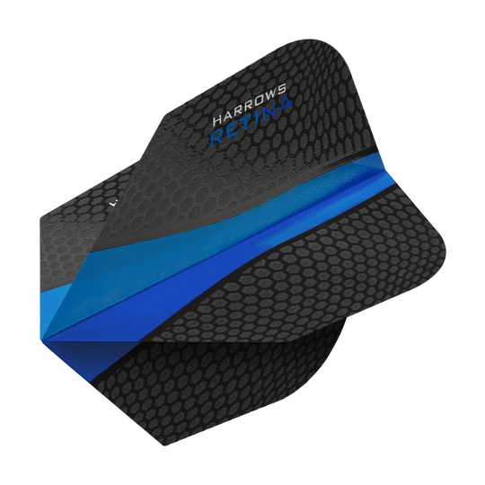 Das Bild zeigt ein Harrows Retina Blau No6 Dart-Flights. Das Flight ist schwarz mit einem blauen Streifen und einer wabenartigen Struktur versehen.