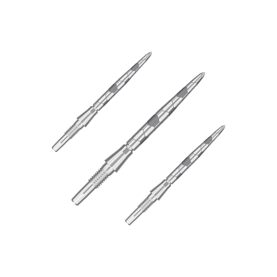 Target Swiss Storm Onyx Point Dart Tips - Silver Auf dem Bild sind drei silberne Dartspitzen zu sehen. Sie haben ein längliches, geriffeltes Design und sind aus Metall gefertigt.