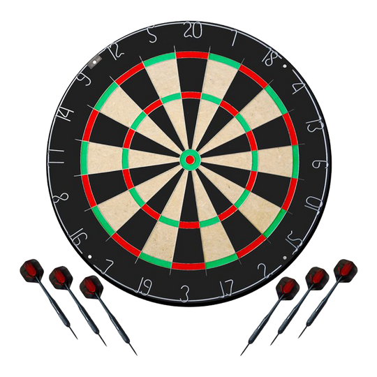 Das Bild stellt das Karella Dartboard BullOut Set mit zwei Sets Steeldarts dar. Es bietet alles, was man für ein direktes Dartspiel benötigt.