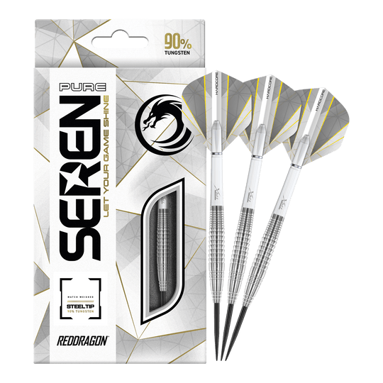 Red Dragon Seren 4 Pure Steeldarts Das Bild zeigt die "Red Dragon Seren 4 Pure Steeldarts" mit einer eleganten Verpackung. Drei silberne Steeldarts mit weißen Flights liegen neben der Packung, die 90% Tungsten hervorhebt.