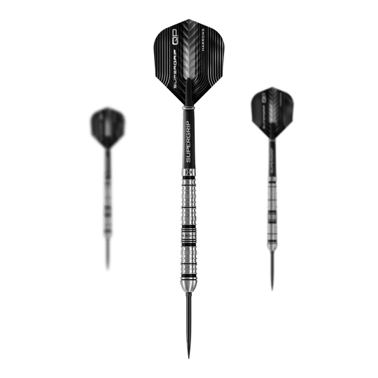 Harrows Supergrip Tapered Quick Point Steel Darts Das Produktbild präsentiert die Harrows Supergrip QP Tapered Quick Point Steeldarts. Diese Darts zeichnen sich durch ihre spezielle Form und hochwertige Verarbeitung aus.