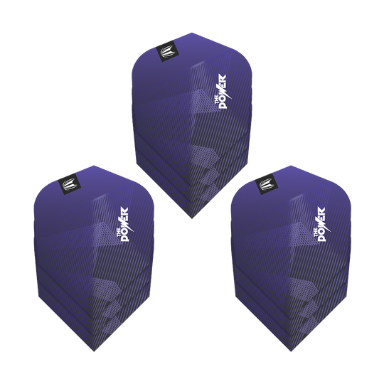 Target Pro Ultra Phil Taylor Power GEN10 Ten-X Flights - 3 Sets Das Bild zeigt drei Sätze der Target Pro Ultra Phil Taylor Power GEN10 Ten-X Flights. Die Flights sind überwiegend lila mit weißen Schriftzügen und grafischen Mustern gestaltet.