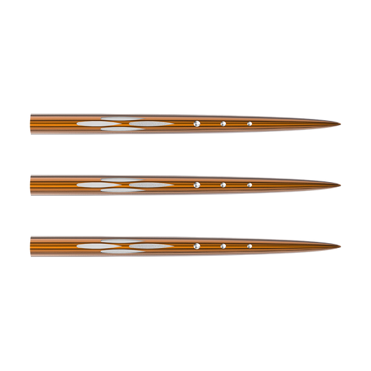 671_57721_Bulls_Adon_Point_Steeldartspitzen_1 Das Bild zeigt drei Steeldartspitzen des Produkts "Bulls Adon Points". Die Spitzen sind metallisch mit goldenen und silbernen Akzenten gestaltet.