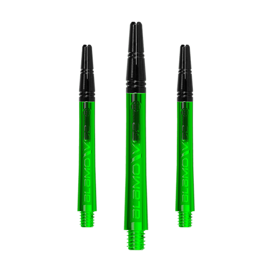 Harrows Alamo VS2 Shafts - Green Ein Set langer Dart-Schäfte mit glänzender Textur ist zu sehen. Die Schäfte liegen sortiert nebeneinander.