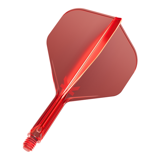Target K-Flex No2 Standard Flight System - Red Das Bild zeigt eine rote Dartflügel-Kombination mit integriertem Schaft. Die Oberfläche ist glänzend und leicht transparent.