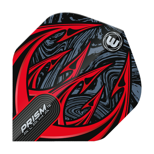 Das Bild zeigt ein Dartflight des Modells "Winmau Prism Alpha Diablo Standard Flights". Das Design ist auffällig mit roten, spitzen Mustern und einem schwarz-grauen Hintergrund.