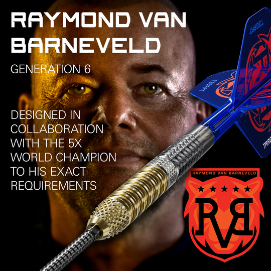 Das Foto präsentiert die Target Raymond Van Barneveld GEN6 Swiss Point Steeldarts. Das Design der Darts ist modern und von Raymond Van Barneveld inspiriert.