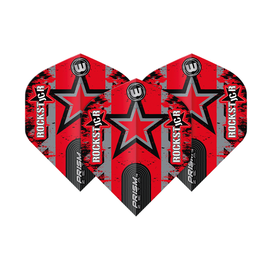 6915-319_Winmau_Prism_Zeta_Joe_Cullen_Star_Standard_Flights_1eGavUadQdkmug Das Bild zeigt drei rote Dartflights mit einem schwarzen Stern und dem Schriftzug "ROCKSTAR". Auf den Flights steht auch "PRISM ZETA" und das Winmau-Logo ist oben abgebildet.