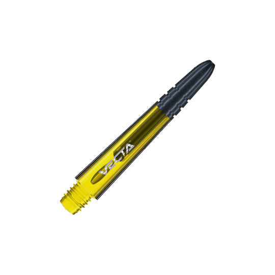 7025-106_Winmau_Vecta_Shafts_Gelb_34mm_2 Das Bild zeigt einen Winmau Vecta Shaft in der Farbe Gelb. Der Schaft hat ein modernes Design mit einer schwarzen Spitze und der Aufschrift "VECTA".