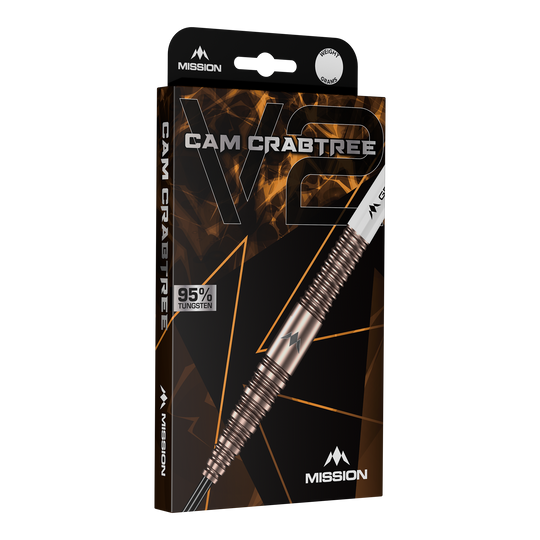 Das Bild zeigt die Mission Cam Crabtree V2 95% Tungsten Steeldarts. Diese Darts zeichnen sich durch ihr professionelles Design und hohe Qualität aus.