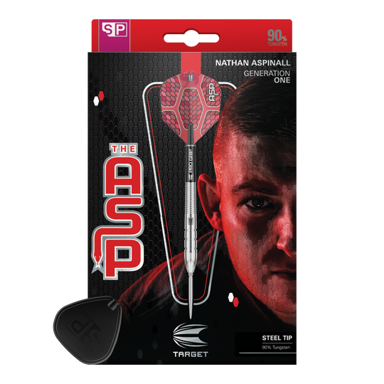 Das Bild zeigt die Verpackung der "Target Nathan Aspinall GEN1 Swiss Point Steeldarts". Auf der Verpackung ist ein Steeldart sowie das Porträt eines Mannes abgebildet.